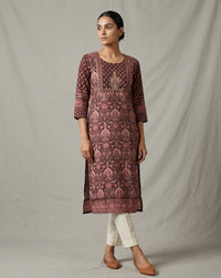 Rich Maroon Floral Print Embroidered Straight Kurta 1