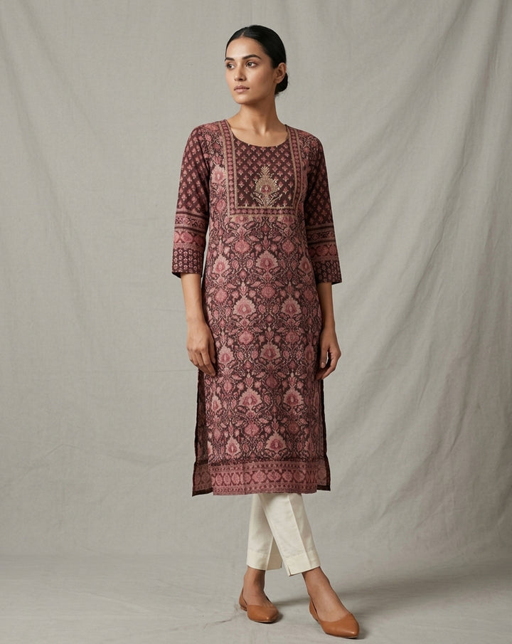 Rich Maroon Floral Print Embroidered Straight Kurta