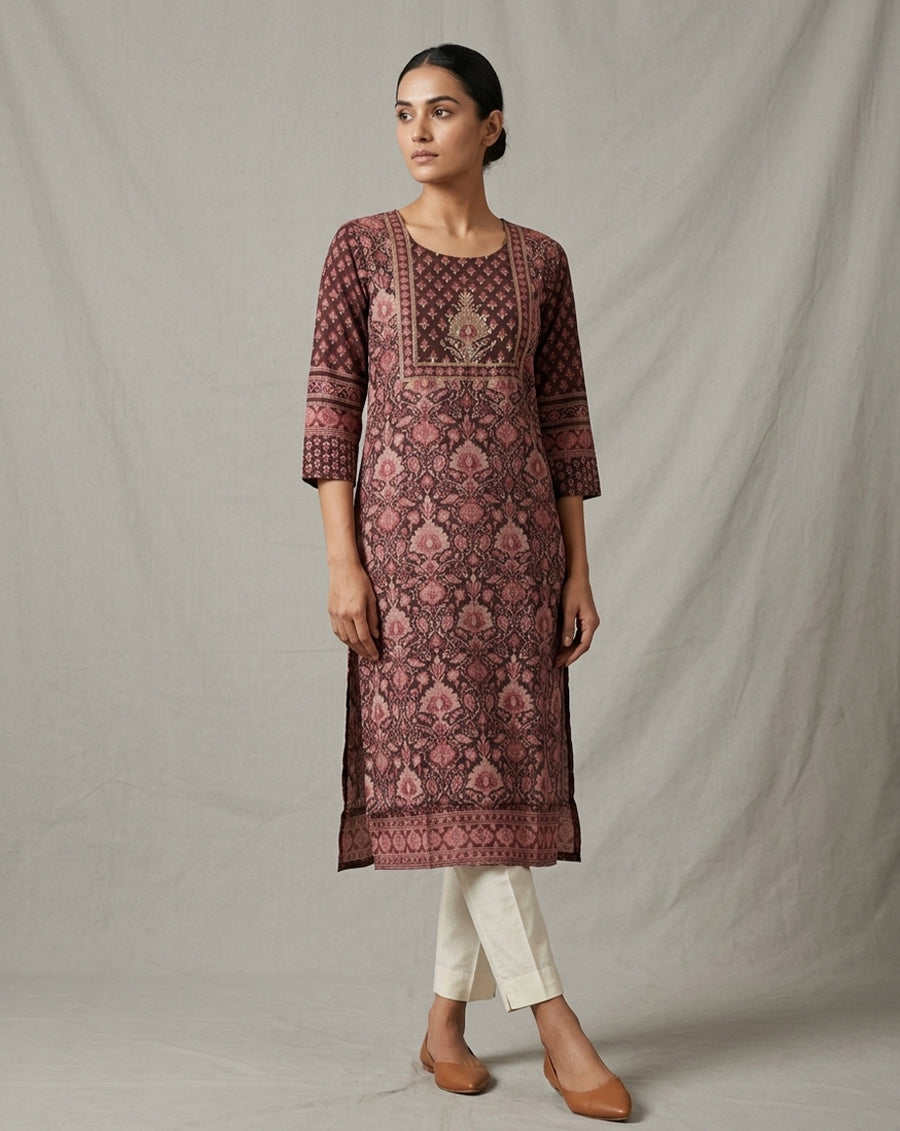 Rich Maroon Floral Print Embroidered Straight Kurta
