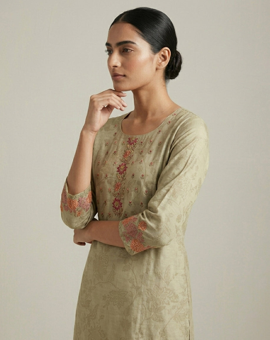 Elegant Beige Tonal Floral Embroidered Straight Kurta