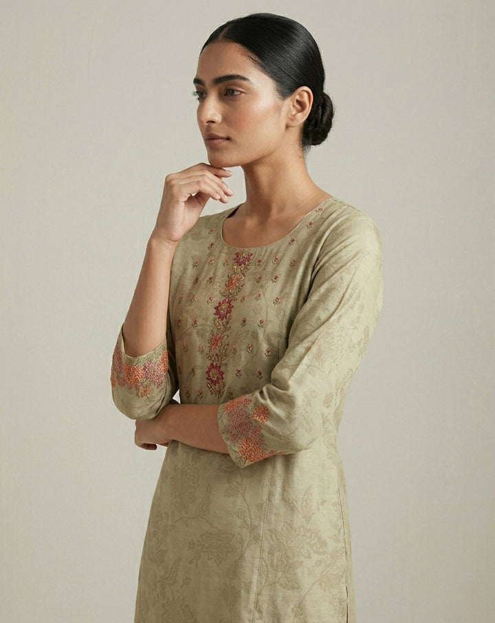 Elegant Beige Tonal Floral Embroidered Straight Kurta