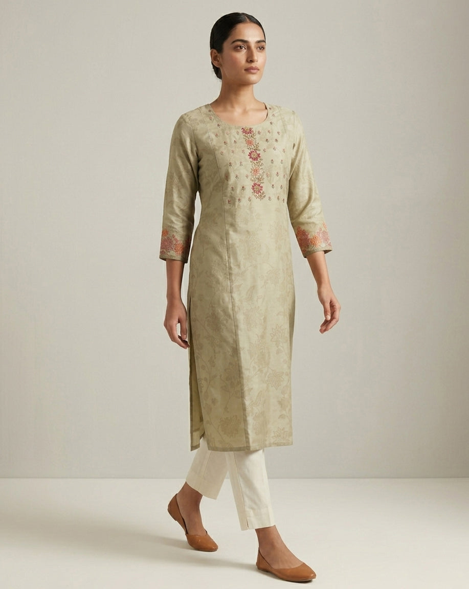 Elegant Beige Tonal Floral Embroidered Straight Kurta