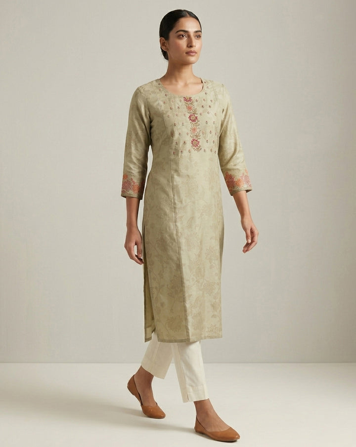 Elegant Beige Tonal Floral Embroidered Straight Kurta