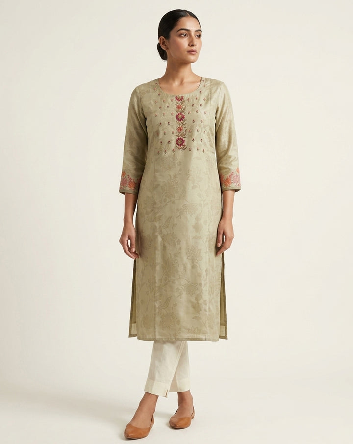 Elegant Beige Tonal Floral Embroidered Straight Kurta
