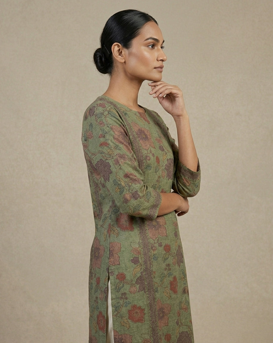 Artisanal Olive Floral Embroidered Straight Kurta