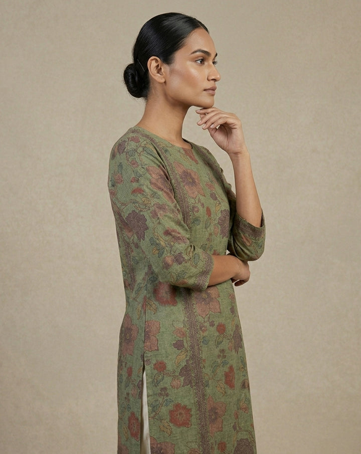 Artisanal Olive Floral Embroidered Straight Kurta