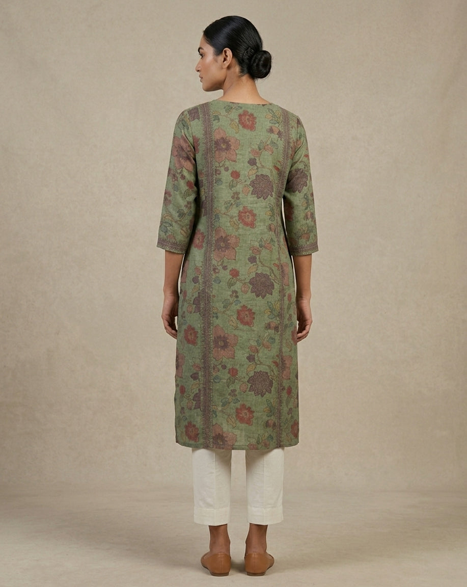 Artisanal Olive Floral Embroidered Straight Kurta