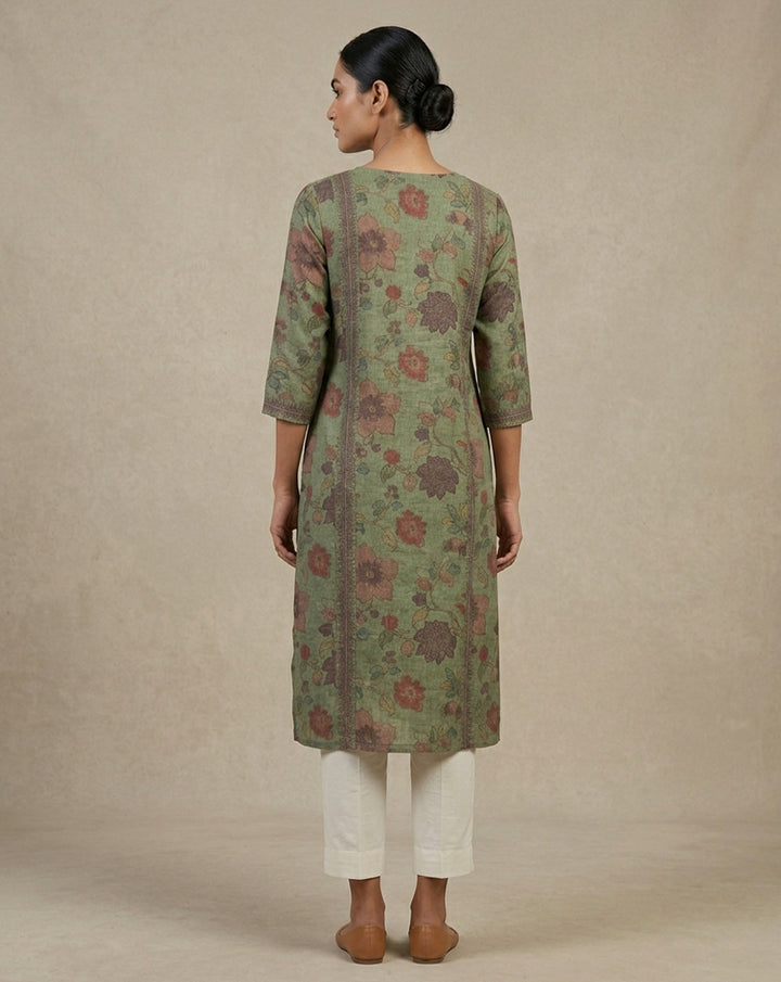 Artisanal Olive Floral Embroidered Straight Kurta