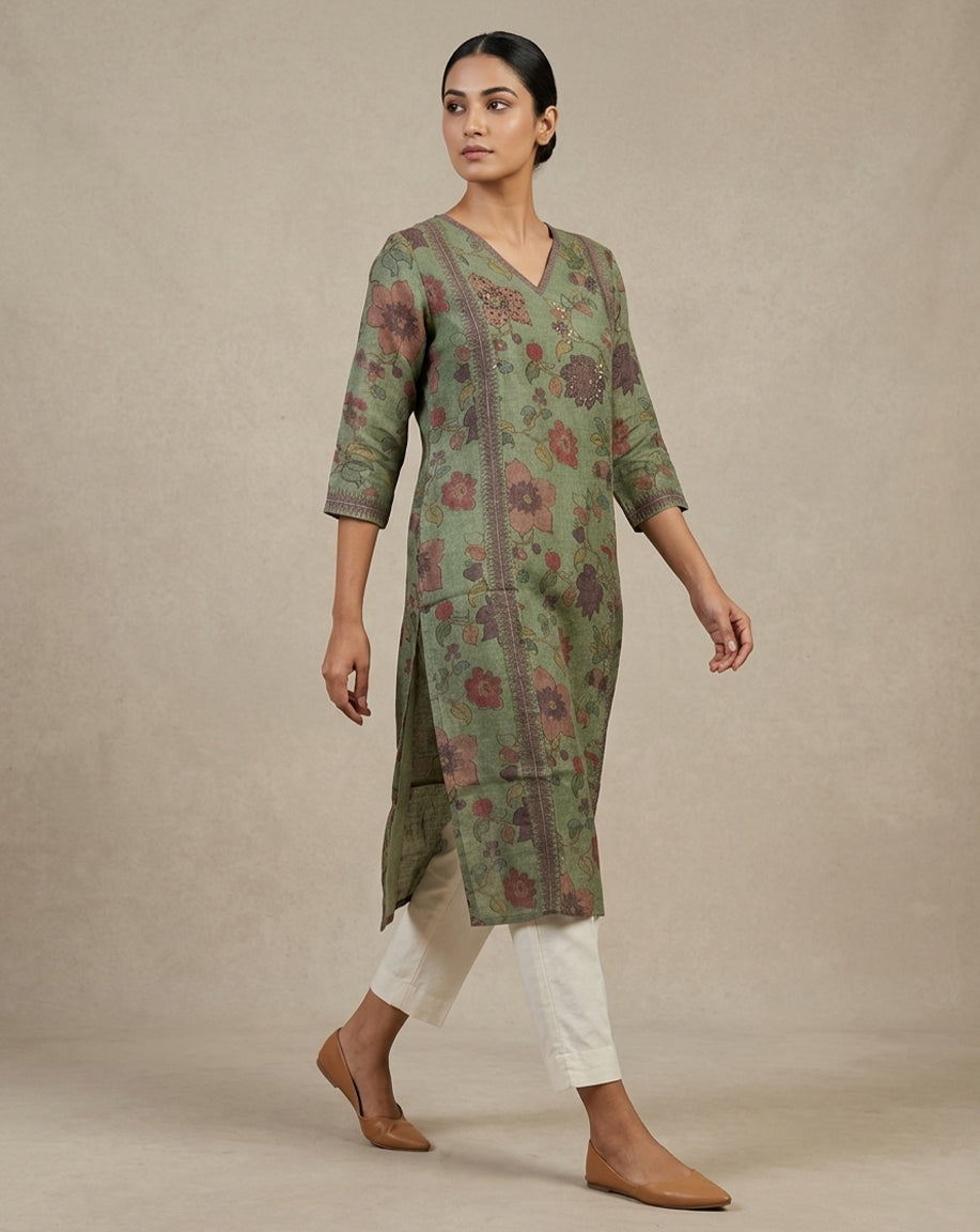 Artisanal Olive Floral Embroidered Straight Kurta