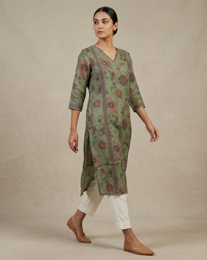 Artisanal Olive Floral Embroidered Straight Kurta