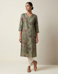 Artisanal Olive Floral Embroidered Straight Kurta 1