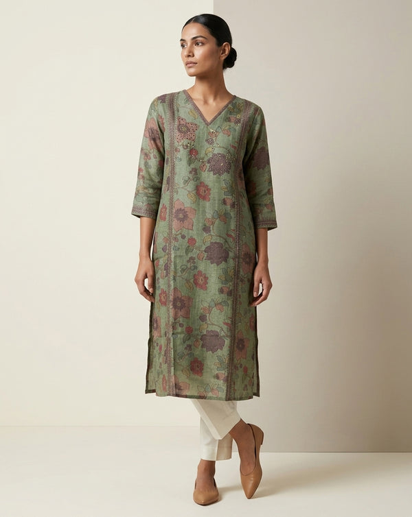 Artisanal Olive Floral Embroidered Straight Kurta