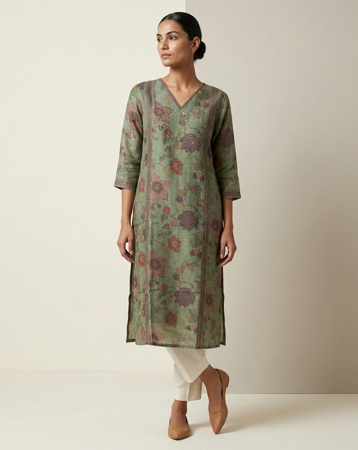 Artisanal Olive Floral Embroidered Straight Kurta
