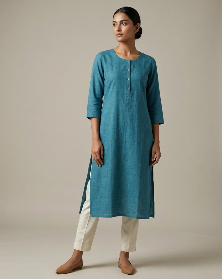 Minimalist Teal Straight-Fit Cotton Kurta