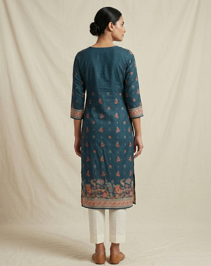 Elegant Teal Floral Printed Straight Kurta