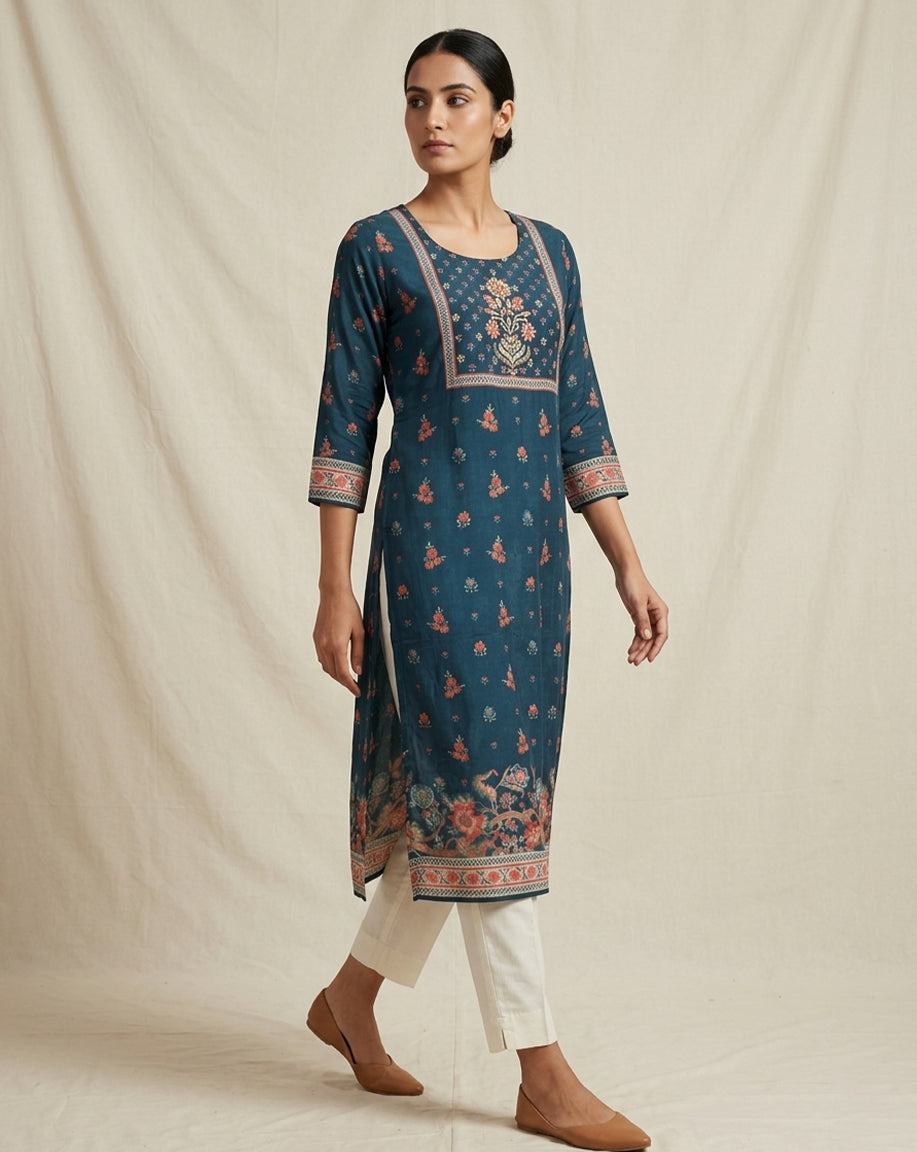 Elegant Teal Floral Printed Straight Kurta