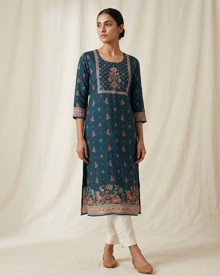 Elegant Teal Floral Printed Straight Kurta