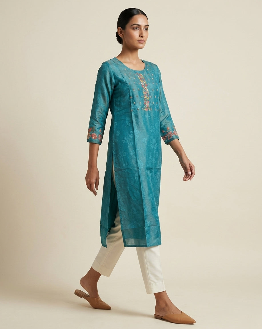 Teal Floral Embroidered Straight Kurta
