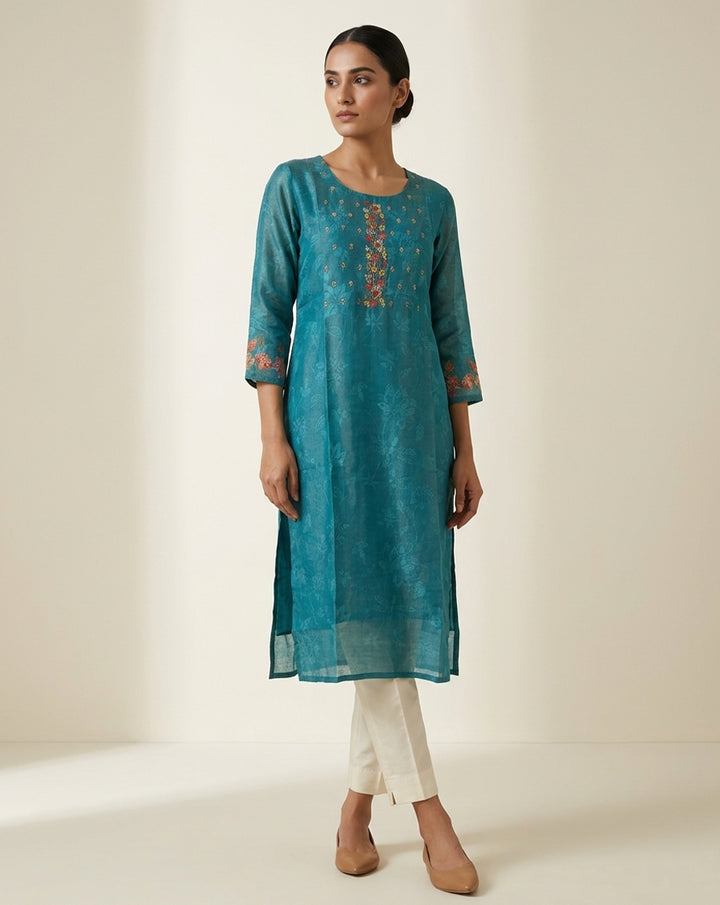 Teal Floral Embroidered Straight Kurta