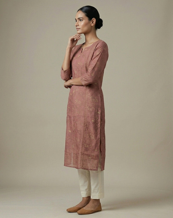 Elegant Rose-Mauve Floral Printed Straight Kurta