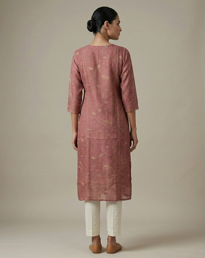 Elegant Rose-Mauve Floral Printed Straight Kurta