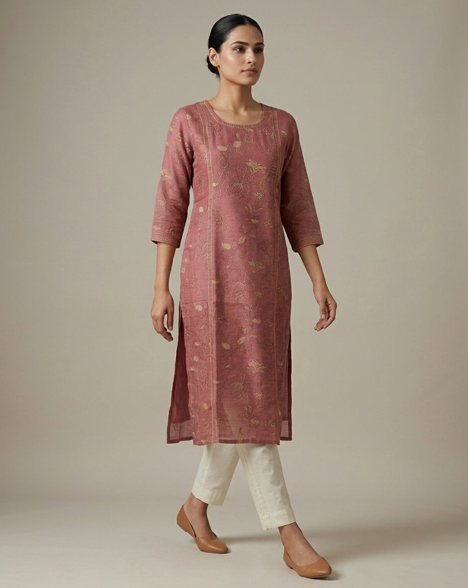 Elegant Rose-Mauve Floral Printed Straight Kurta
