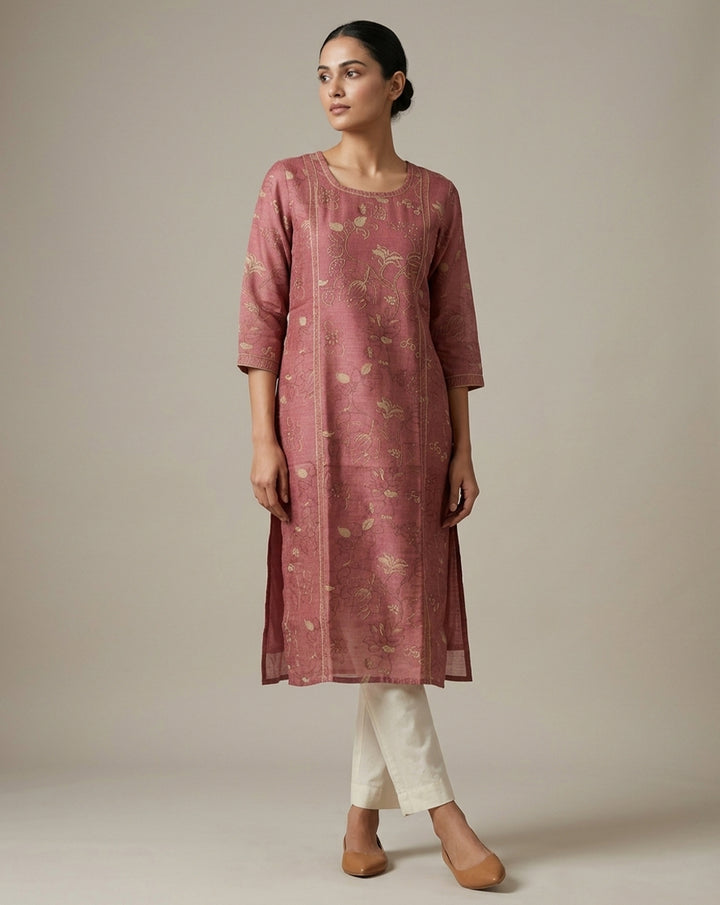 Elegant Rose-Mauve Floral Printed Straight Kurta