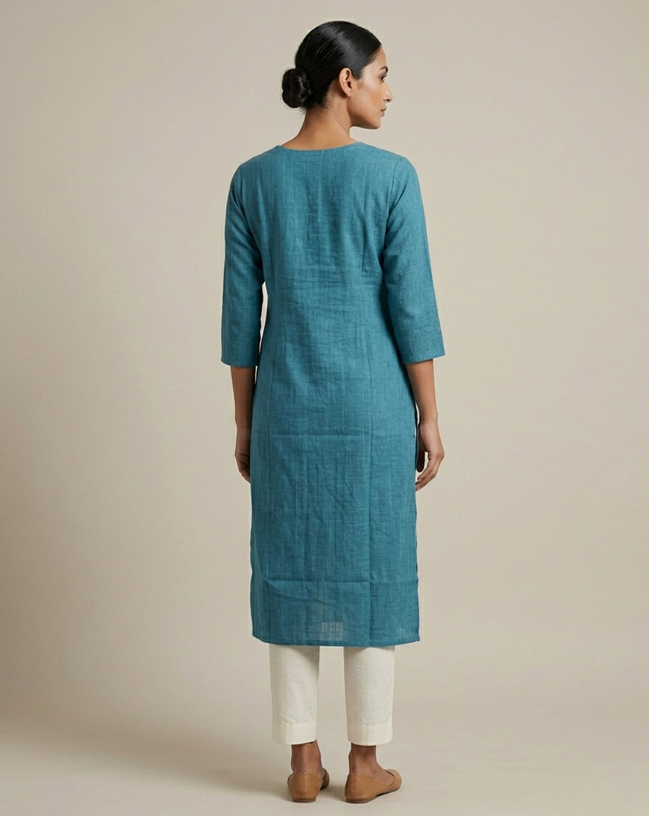 Minimalist Teal Straight-Fit Cotton Kurta