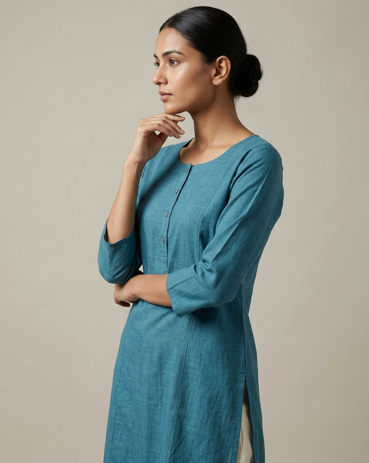 Minimalist Teal Straight-Fit Cotton Kurta