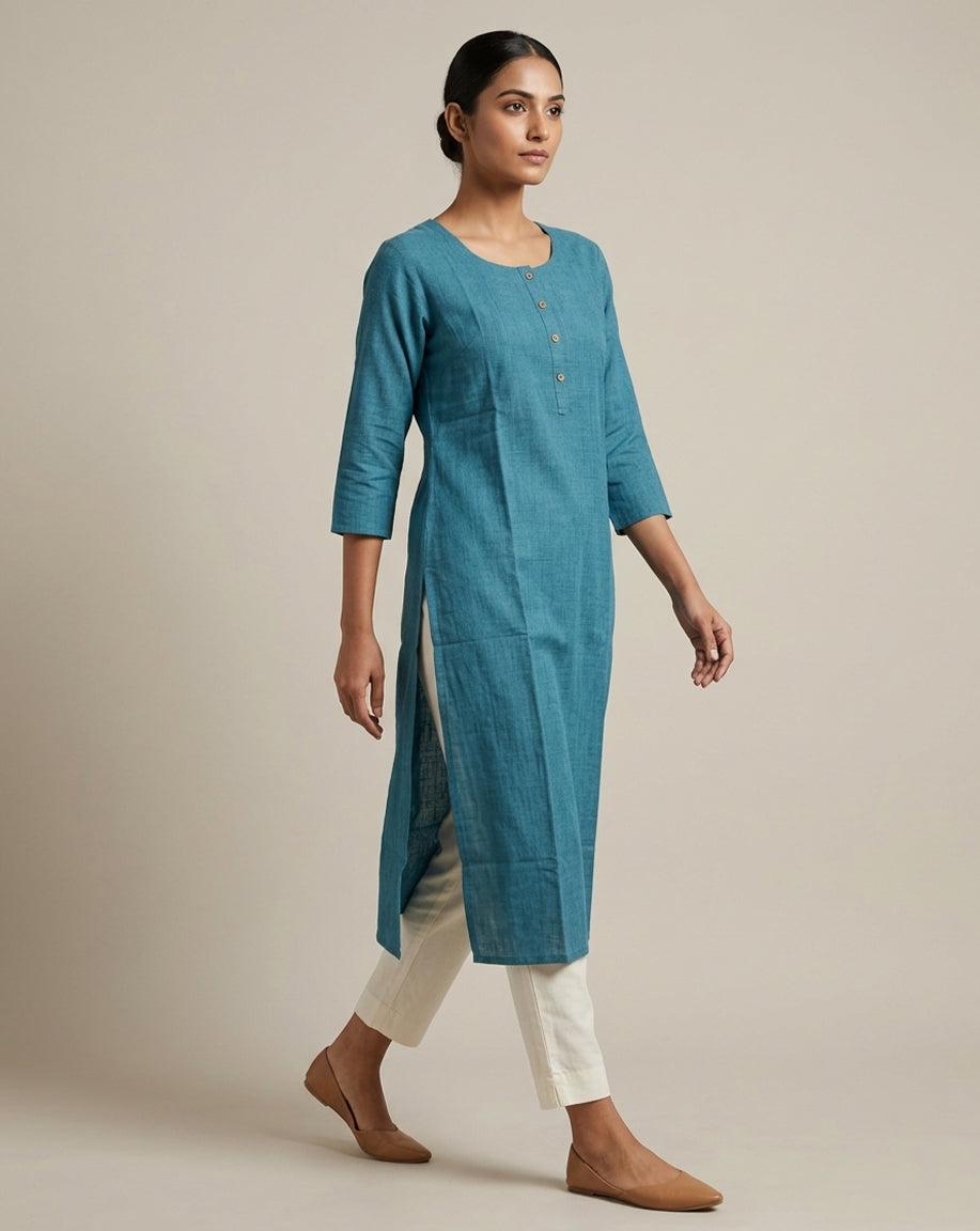 Minimalist Teal Straight-Fit Cotton Kurta