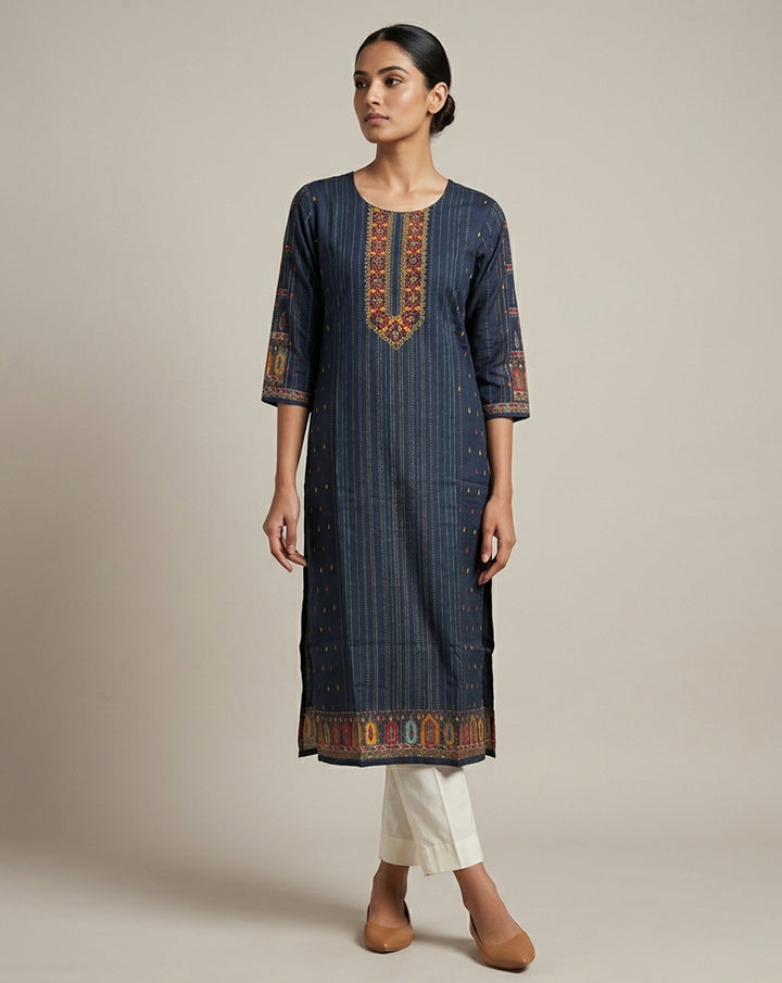 Midnight Blue Striped Ethnic Print Straight Kurta