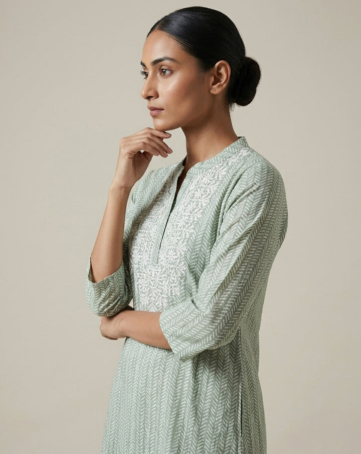 Sage Green Chevron Tiered Embroidered Kurta