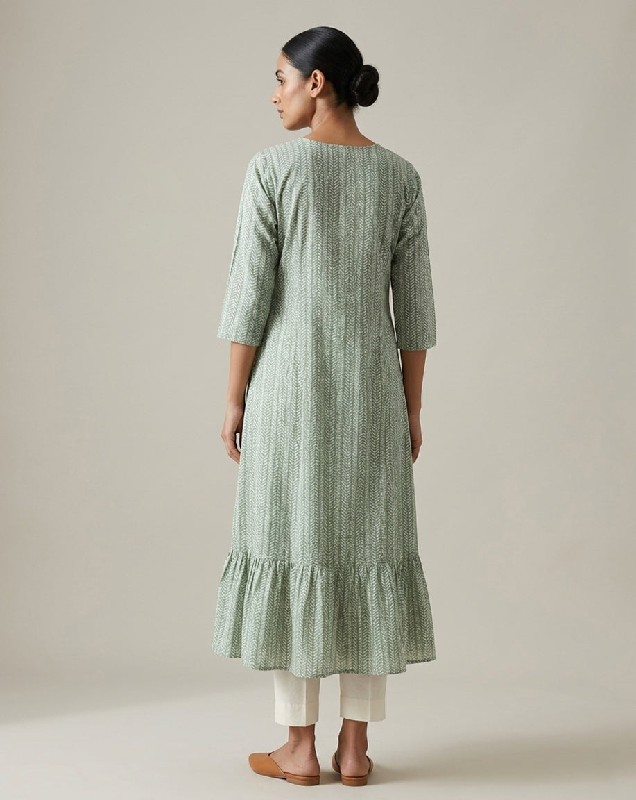 Sage Green Chevron Tiered Embroidered Kurta