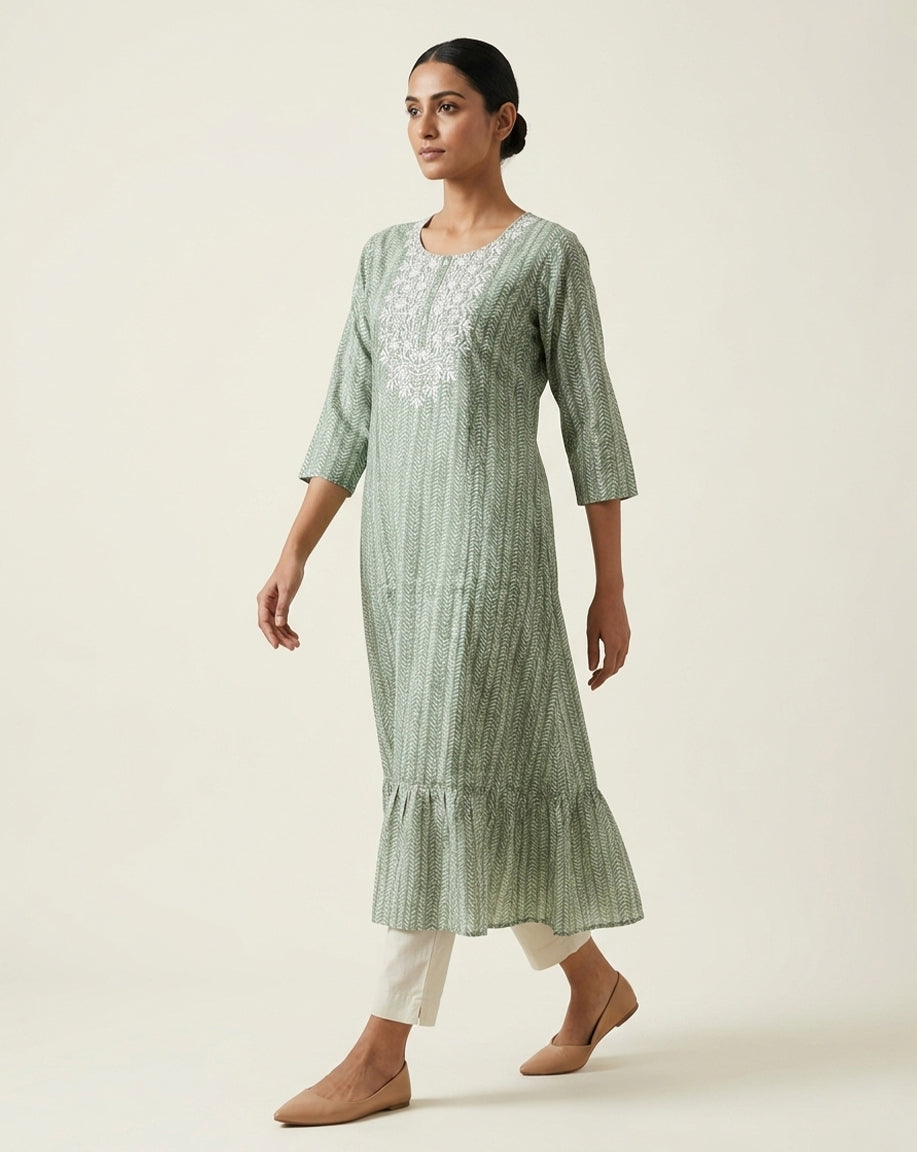 Sage Green Chevron Tiered Embroidered Kurta