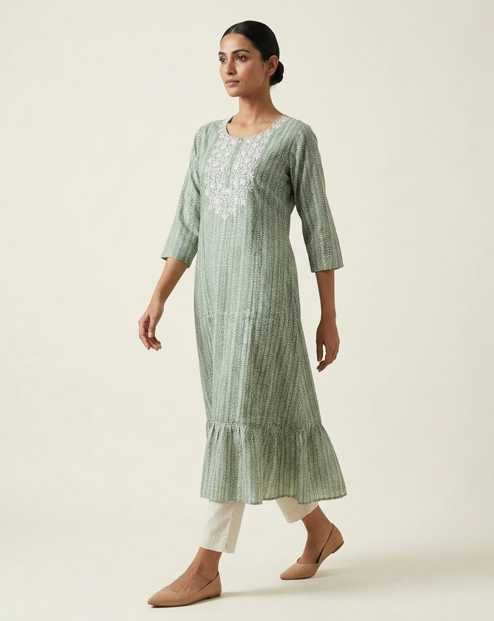 Sage Green Chevron Tiered Embroidered Kurta