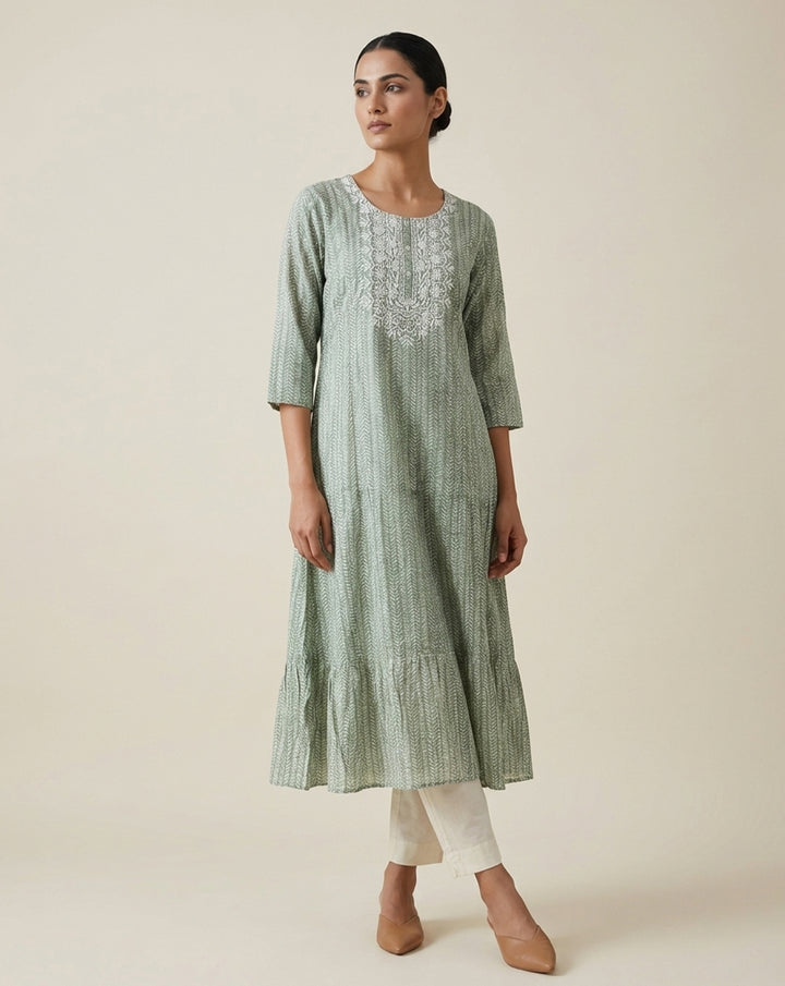 Sage Green Chevron Tiered Embroidered Kurta