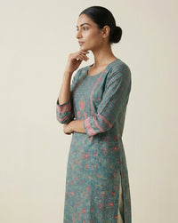Enchanting Teal Botanical Print Straight Kurta 4
