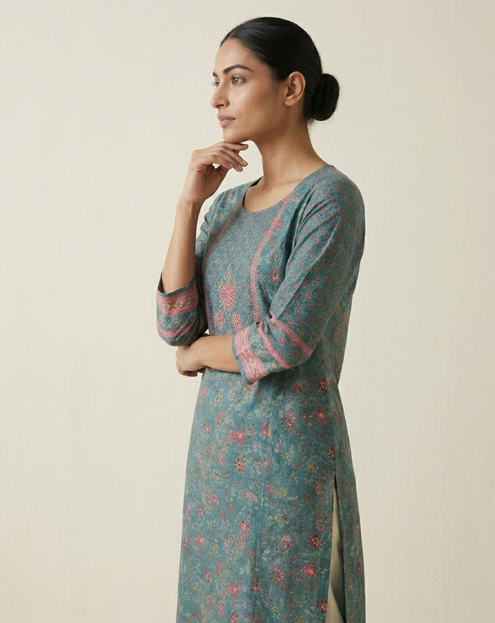 Enchanting Teal Botanical Print Straight Kurta