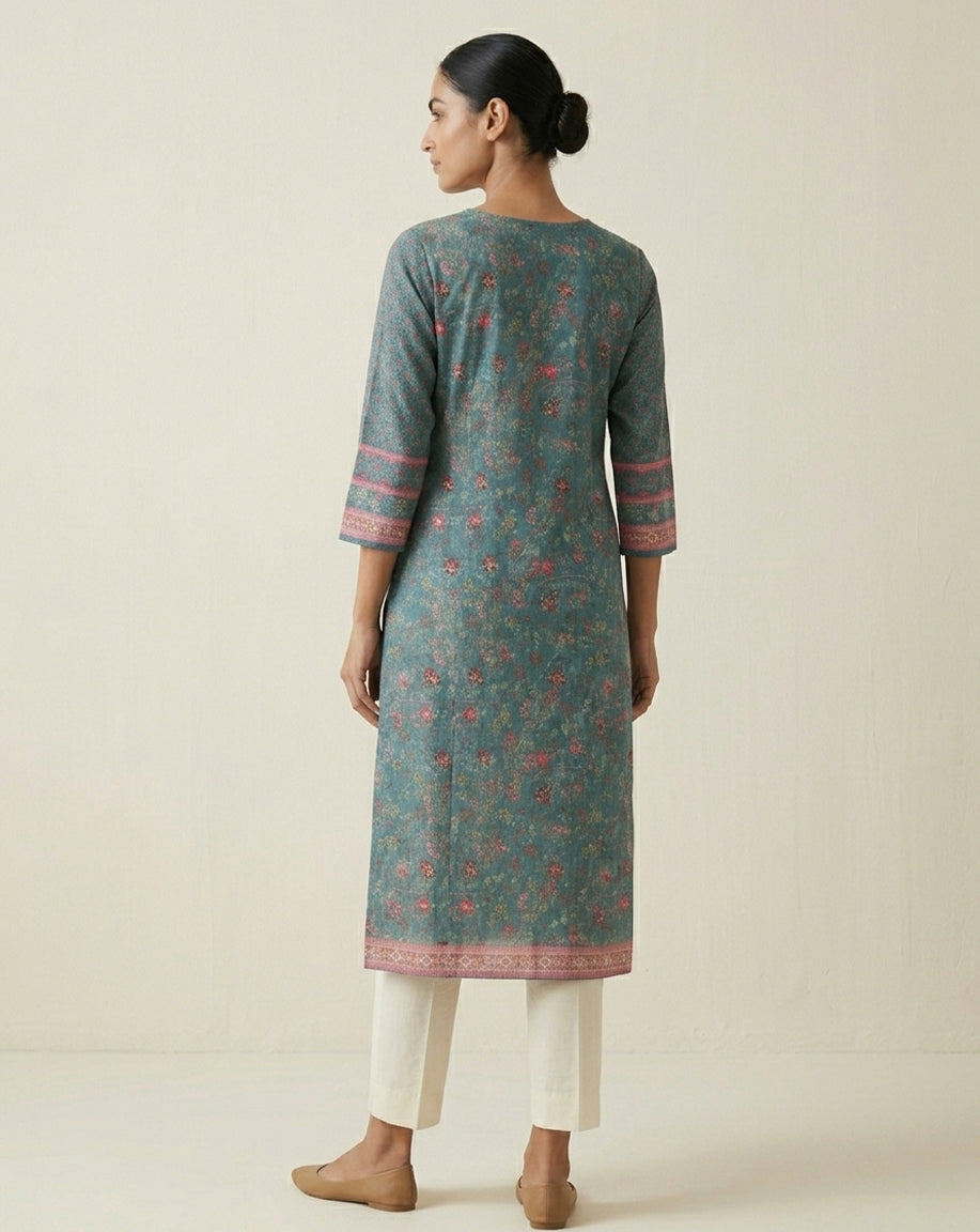 Enchanting Teal Botanical Print Straight Kurta