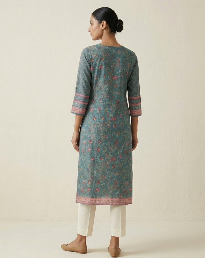 Enchanting Teal Botanical Print Straight Kurta