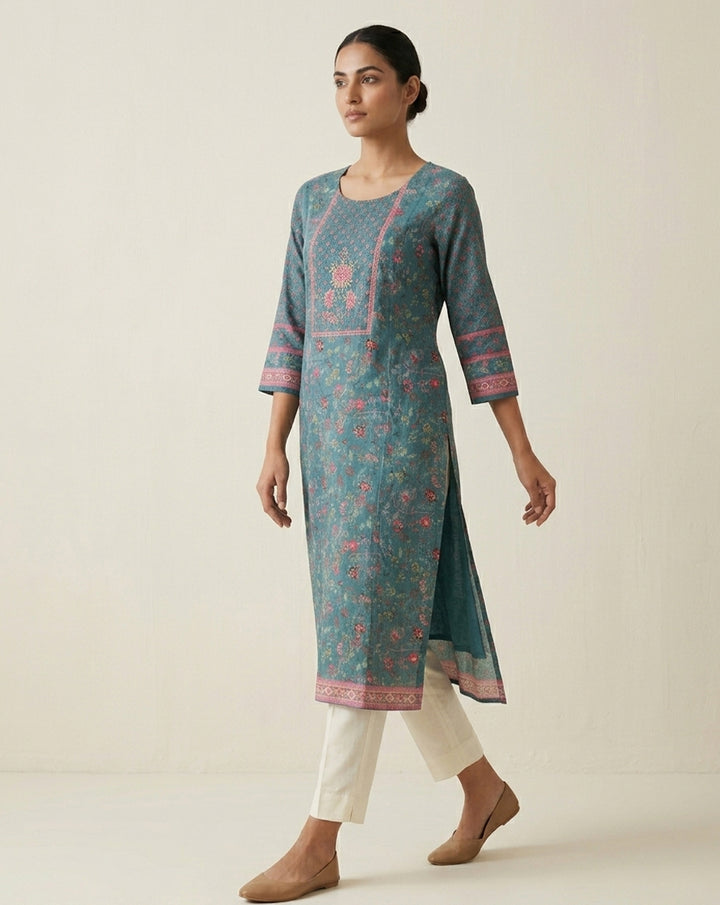 Enchanting Teal Botanical Print Straight Kurta
