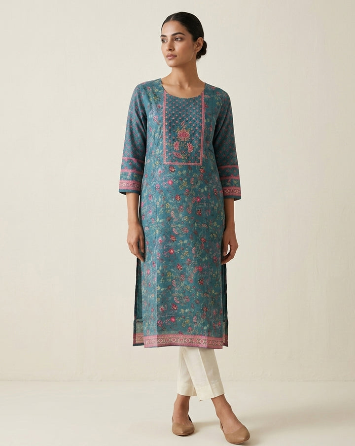 Enchanting Teal Botanical Print Straight Kurta