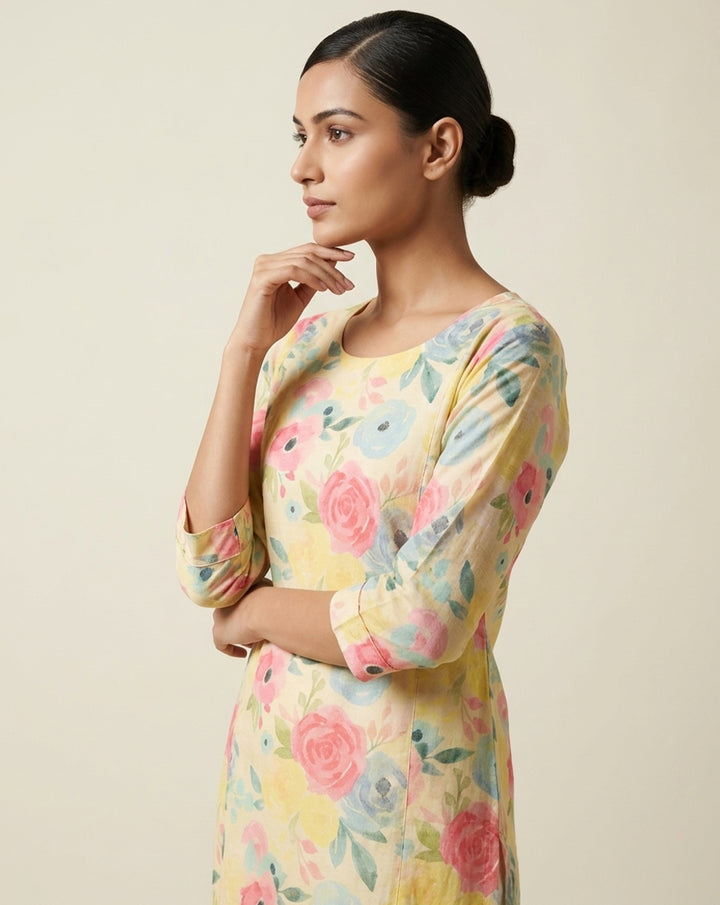 Radiant Floral Watercolor Print Straight Kurta
