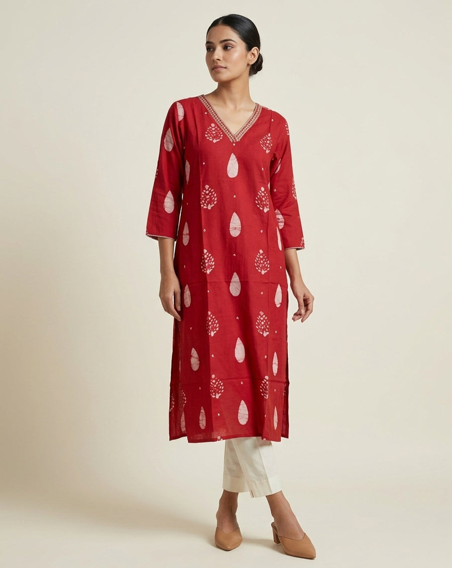 Vibrant Crimson Printed Straight Kurta