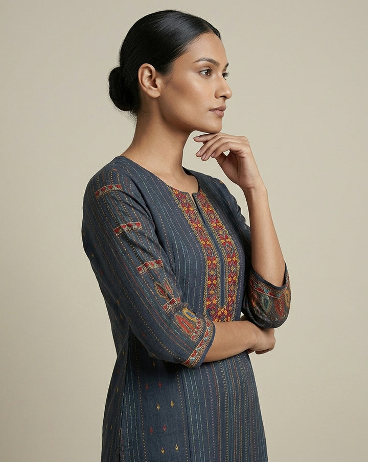 Midnight Blue Striped Ethnic Print Straight Kurta
