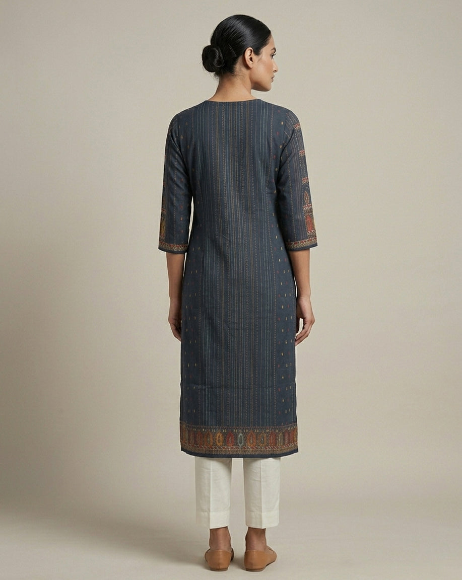 Midnight Blue Striped Ethnic Print Straight Kurta