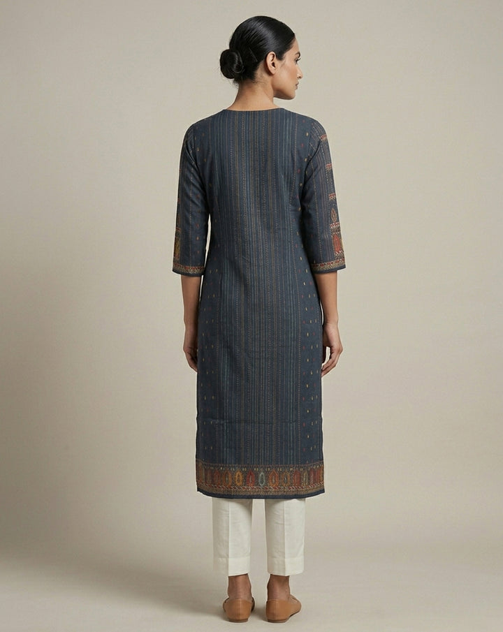 Midnight Blue Striped Ethnic Print Straight Kurta