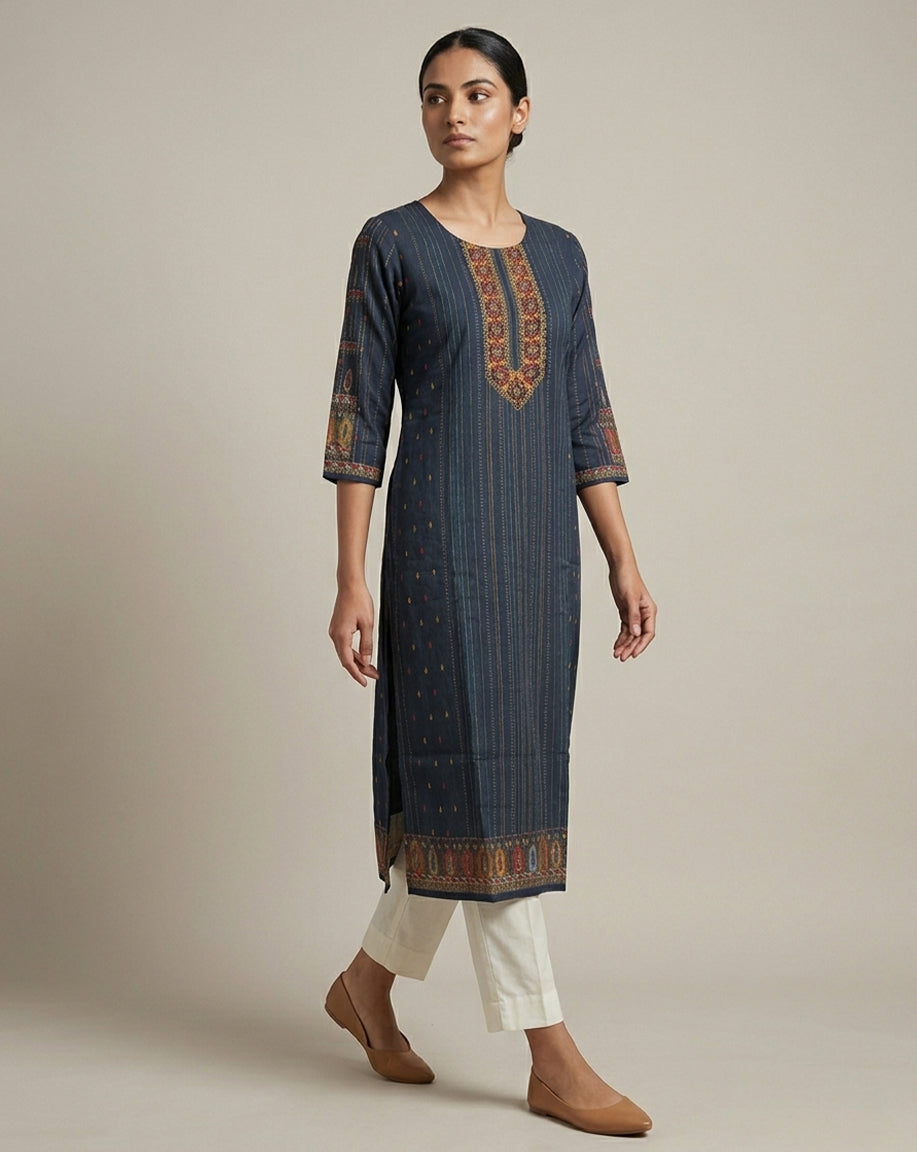 Midnight Blue Striped Ethnic Print Straight Kurta