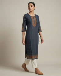 Midnight Blue Striped Ethnic Print Straight Kurta 2