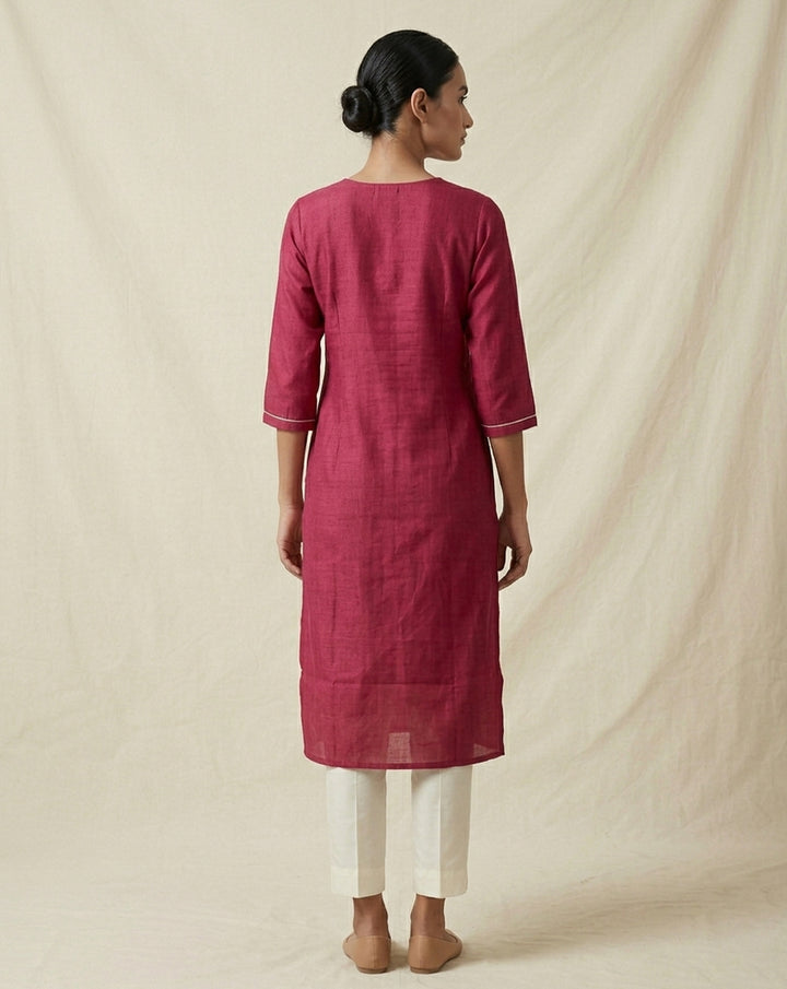 Minimalist Magenta Embroidered V-Neck Straight Kurta